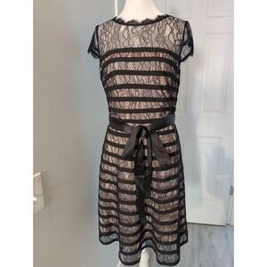 Adrianna Papell Black Lace Cap Sleeve Cocktail Sheer Short Dress Sash Size 8P